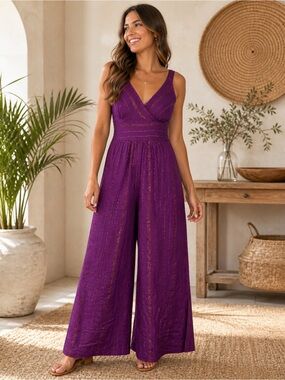 White Waves Purple Boho Wide Leg Jumpsuit Metallic Stripe S/M NWT